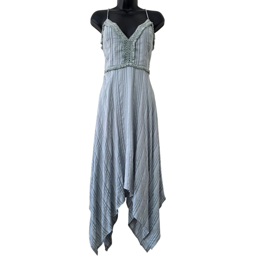 Saints + Secrets Asymmetric Plunge‎ Maxi Dress Sz L Striped Boho Y2K Fairy
